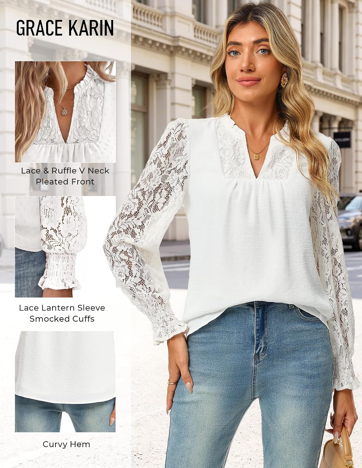 image:imageGRACE KARIN Womens Lace Long Sleeve Tops Fall 2026 Dressy Casual Western Blouses Flowy V Neck Dress Shirts Trendy ClothingWhite