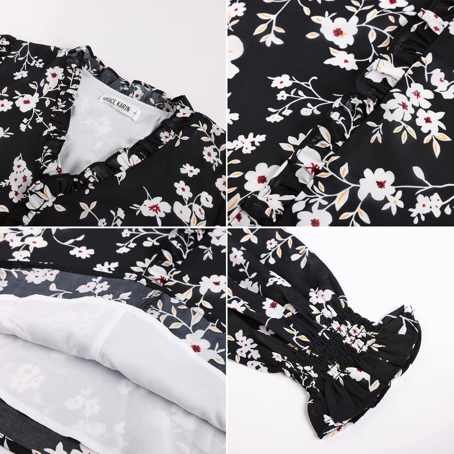 image:imageGRACE KARIN Womens Long Sleeve Boho Tops Ruffle Work Blouses Chiffon ShirtsBlack