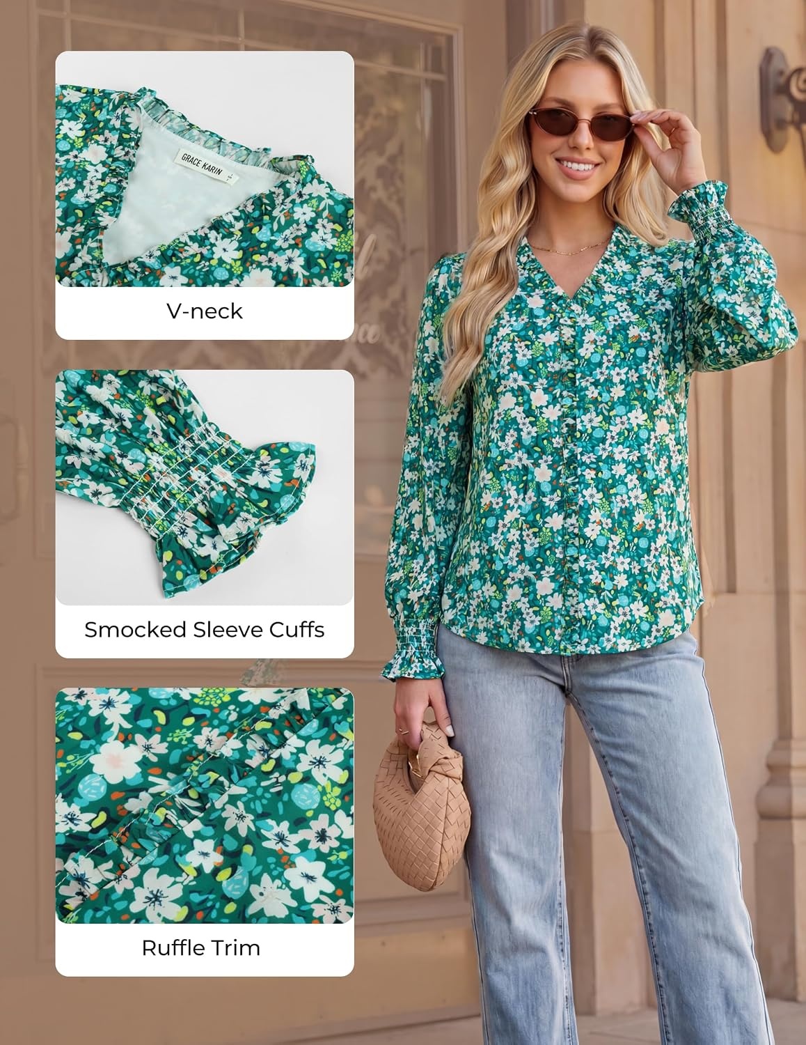 image:imageGRACE KARIN Womens Long Sleeve Boho Tops Ruffle Work Blouses Chiffon ShirtsGreen