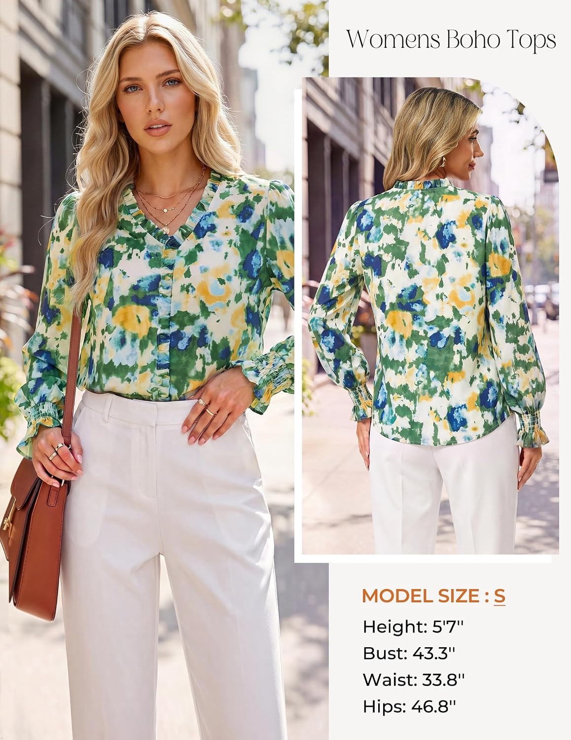 image:imageGRACE KARIN Womens Long Sleeve Boho Tops Ruffle Work Blouses Chiffon ShirtsMulti Green