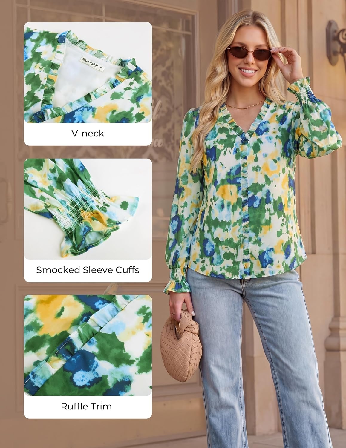 image:imageGRACE KARIN Womens Long Sleeve Boho Tops Ruffle Work Blouses Chiffon ShirtsMulti Green