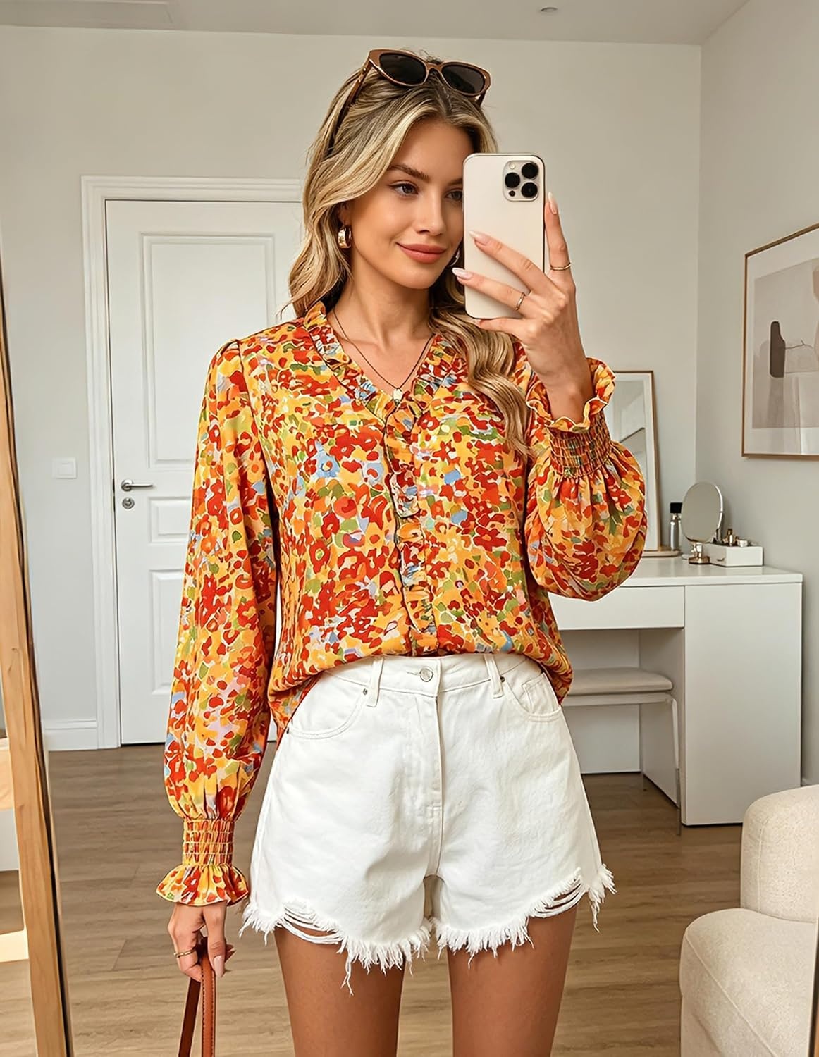 image:imageGRACE KARIN Womens Long Sleeve Boho Tops Ruffle Work Blouses Chiffon ShirtsOrange