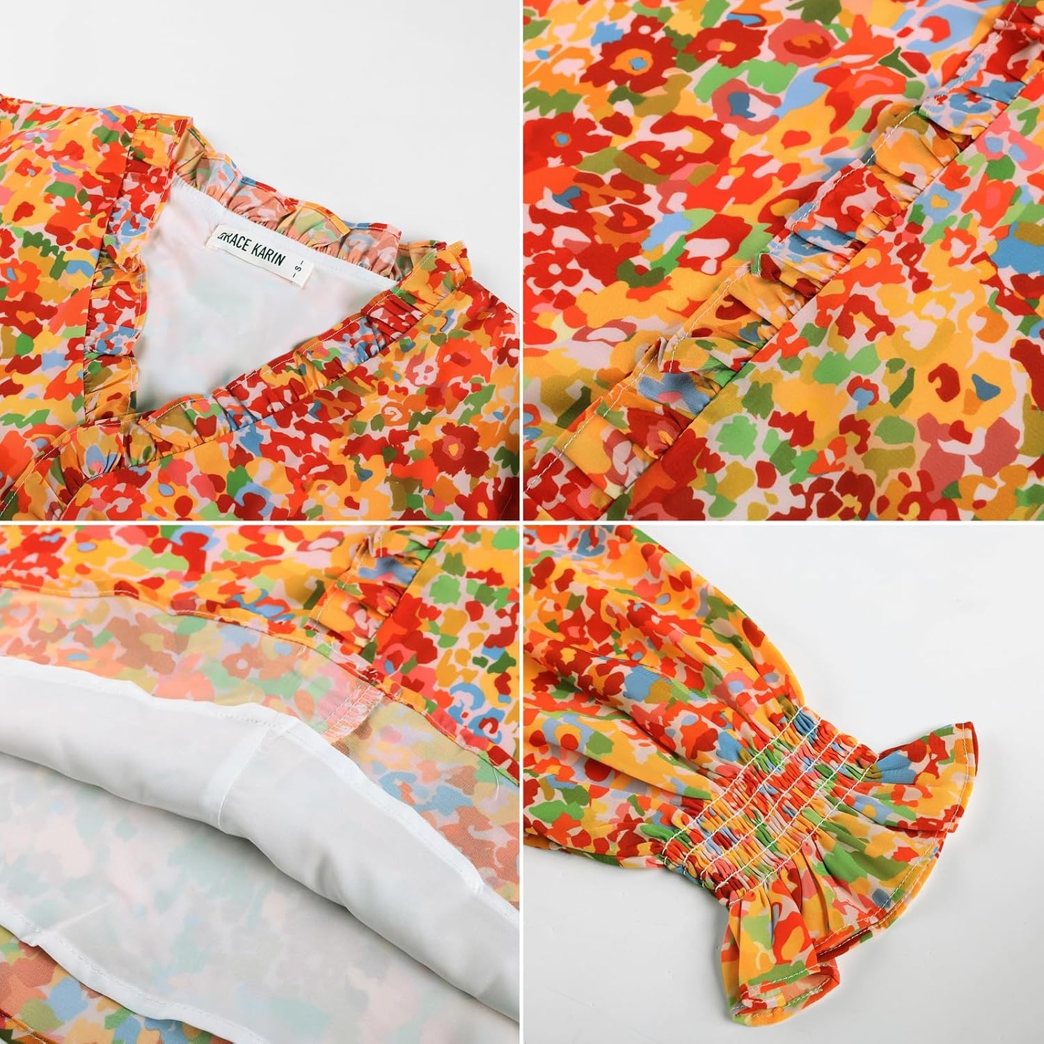 image:imageGRACE KARIN Womens Long Sleeve Boho Tops Ruffle Work Blouses Chiffon ShirtsOrange
