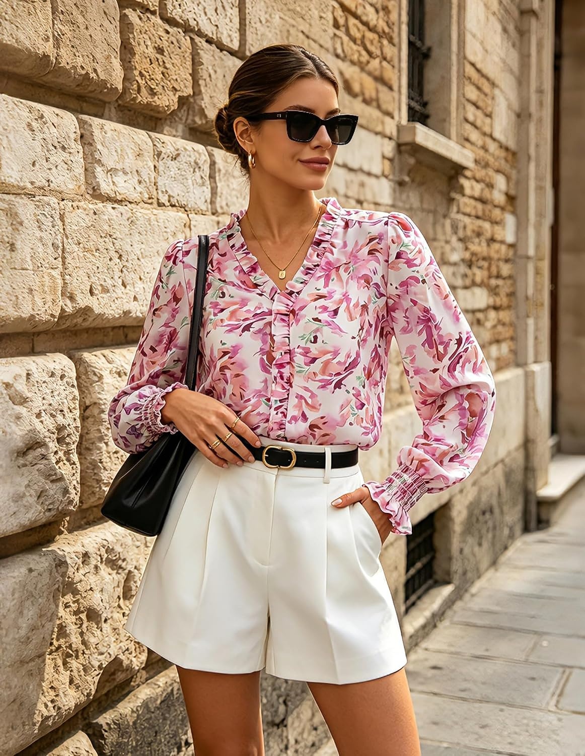 image:imageGRACE KARIN Womens Long Sleeve Boho Tops Ruffle Work Blouses Chiffon ShirtsPink