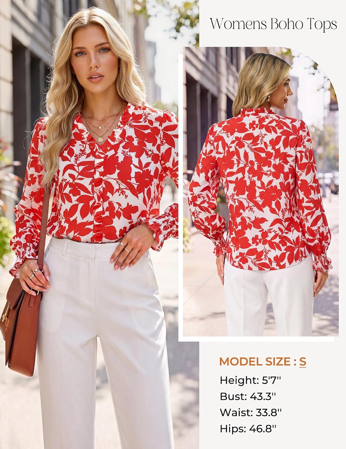 image:imageGRACE KARIN Womens Long Sleeve Boho Tops Ruffle Work Blouses Chiffon ShirtsRed