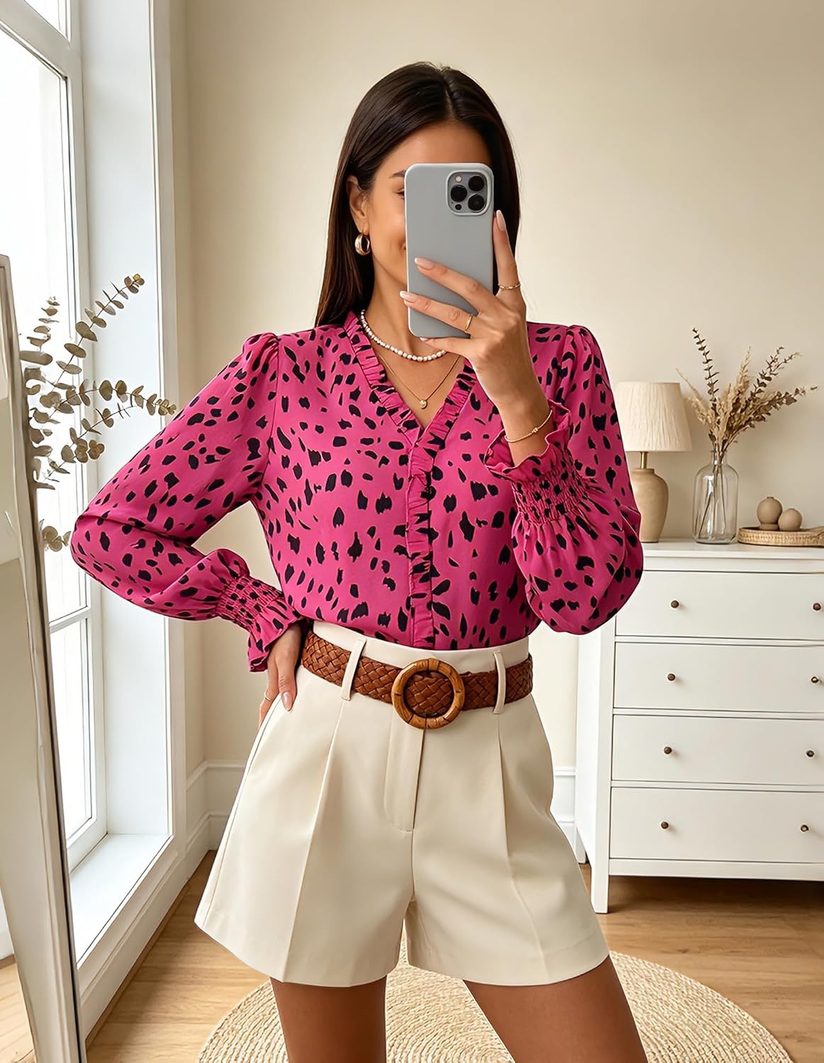 image:imageGRACE KARIN Womens Long Sleeve Boho Tops Ruffle Work Blouses Chiffon ShirtsRose