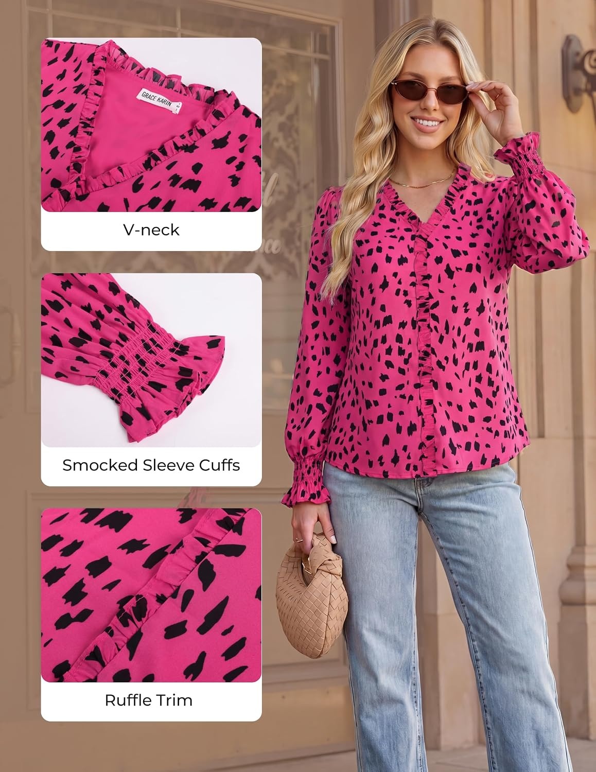 image:imageGRACE KARIN Womens Long Sleeve Boho Tops Ruffle Work Blouses Chiffon ShirtsRose