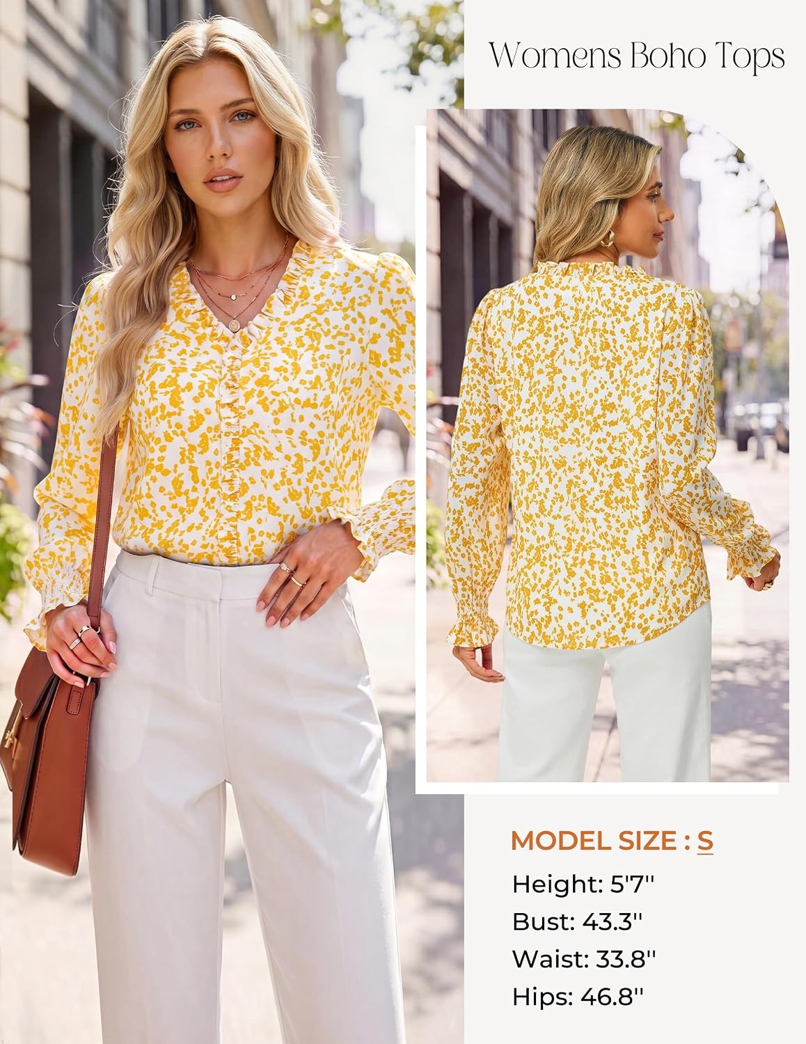image:imageGRACE KARIN Womens Long Sleeve Boho Tops Ruffle Work Blouses Chiffon ShirtsYellow