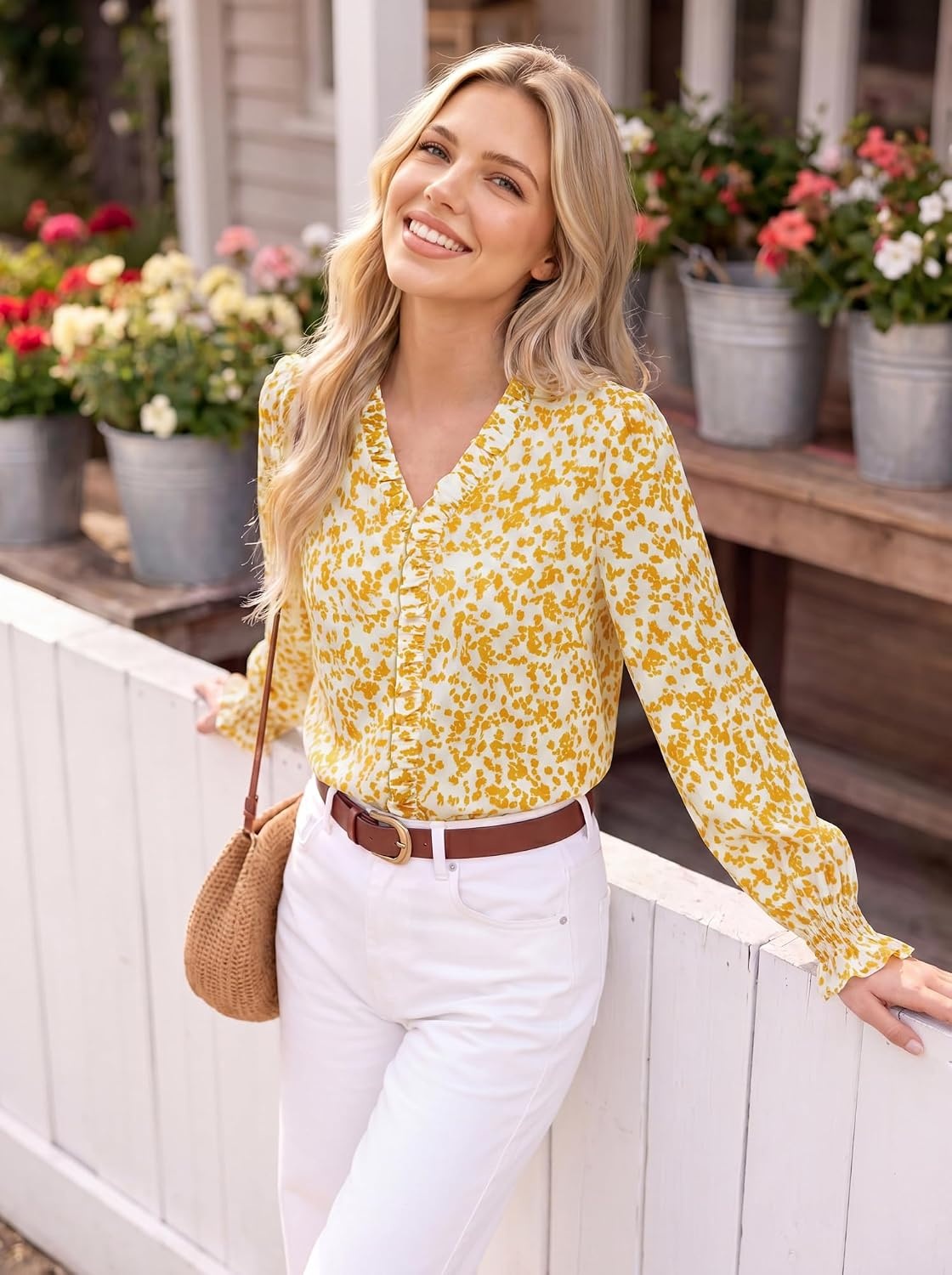 image:imageGRACE KARIN Womens Long Sleeve Boho Tops Ruffle Work Blouses Chiffon ShirtsYellow