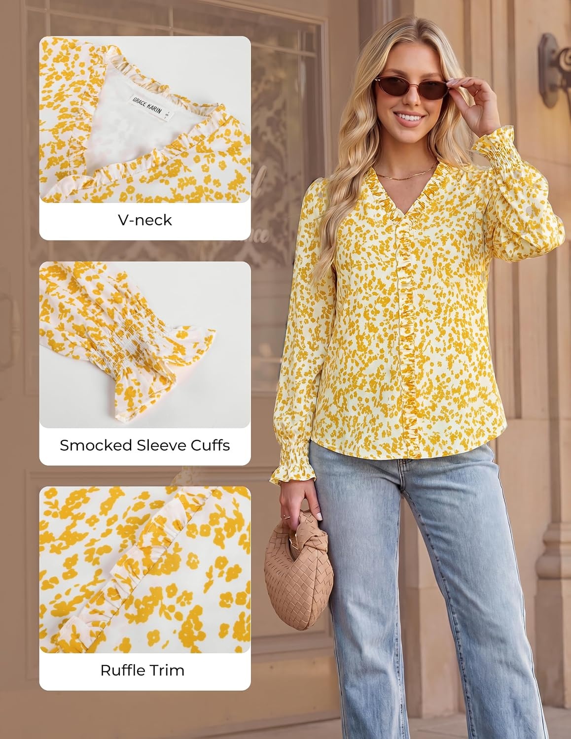 image:imageGRACE KARIN Womens Long Sleeve Boho Tops Ruffle Work Blouses Chiffon ShirtsYellow