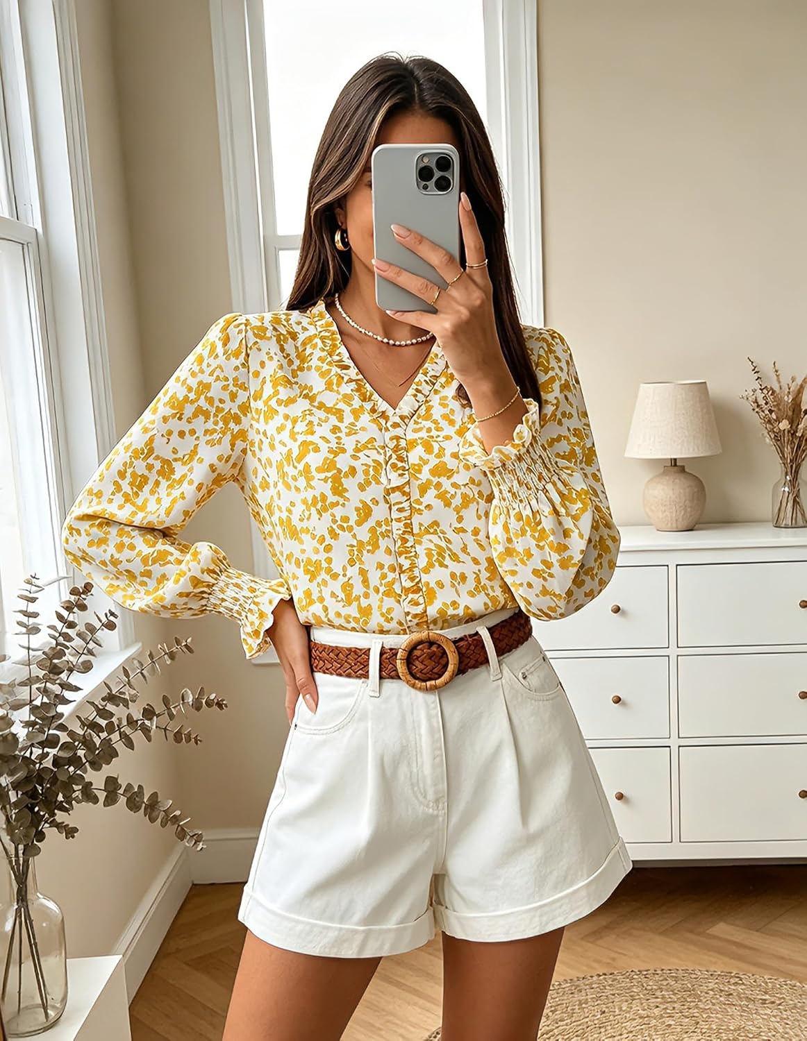 image:imageGRACE KARIN Womens Long Sleeve Boho Tops Ruffle Work Blouses Chiffon ShirtsYellow