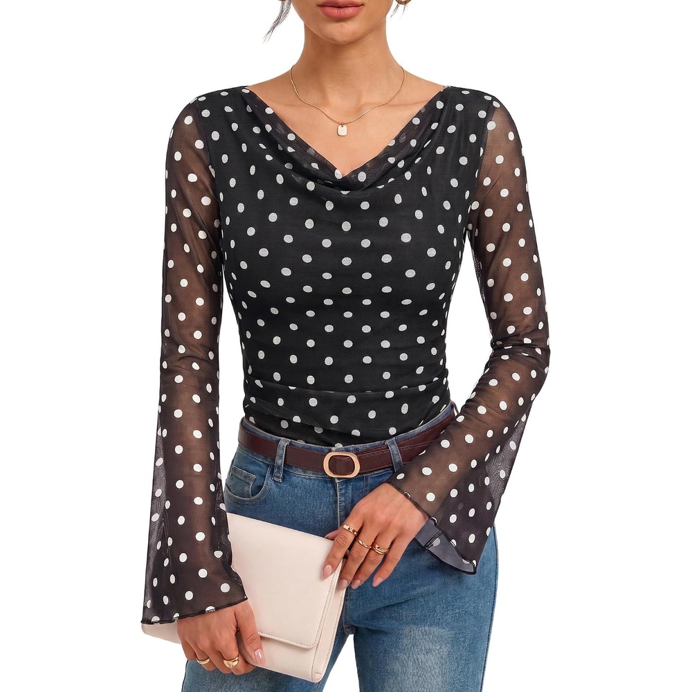image:imageGRACE KARIN Women Boho Mesh Blouses Dressy Casual Cowl Neck Going Out TopsBlack Polka Dot