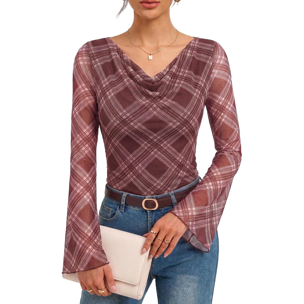 image:imageGRACE KARIN Women Boho Mesh Blouses Dressy Casual Cowl Neck Going Out TopsBurgundy