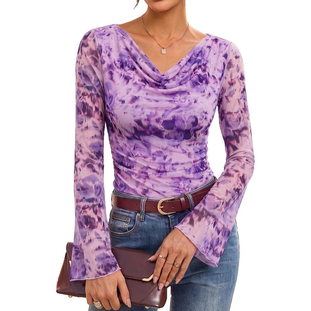 image:imageGRACE KARIN Women Boho Mesh Blouses Dressy Casual Cowl Neck Going Out TopsPurple