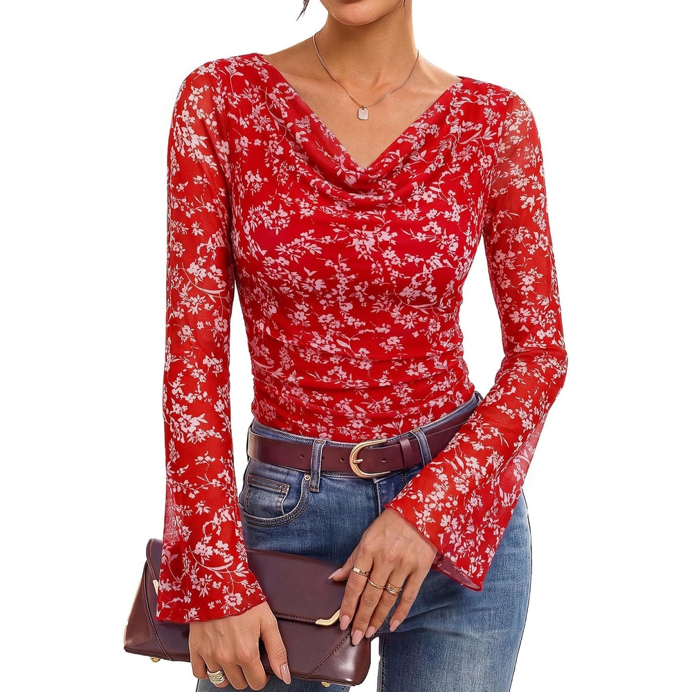 image:imageGRACE KARIN Women Boho Mesh Blouses Dressy Casual Cowl Neck Going Out TopsRed Floral