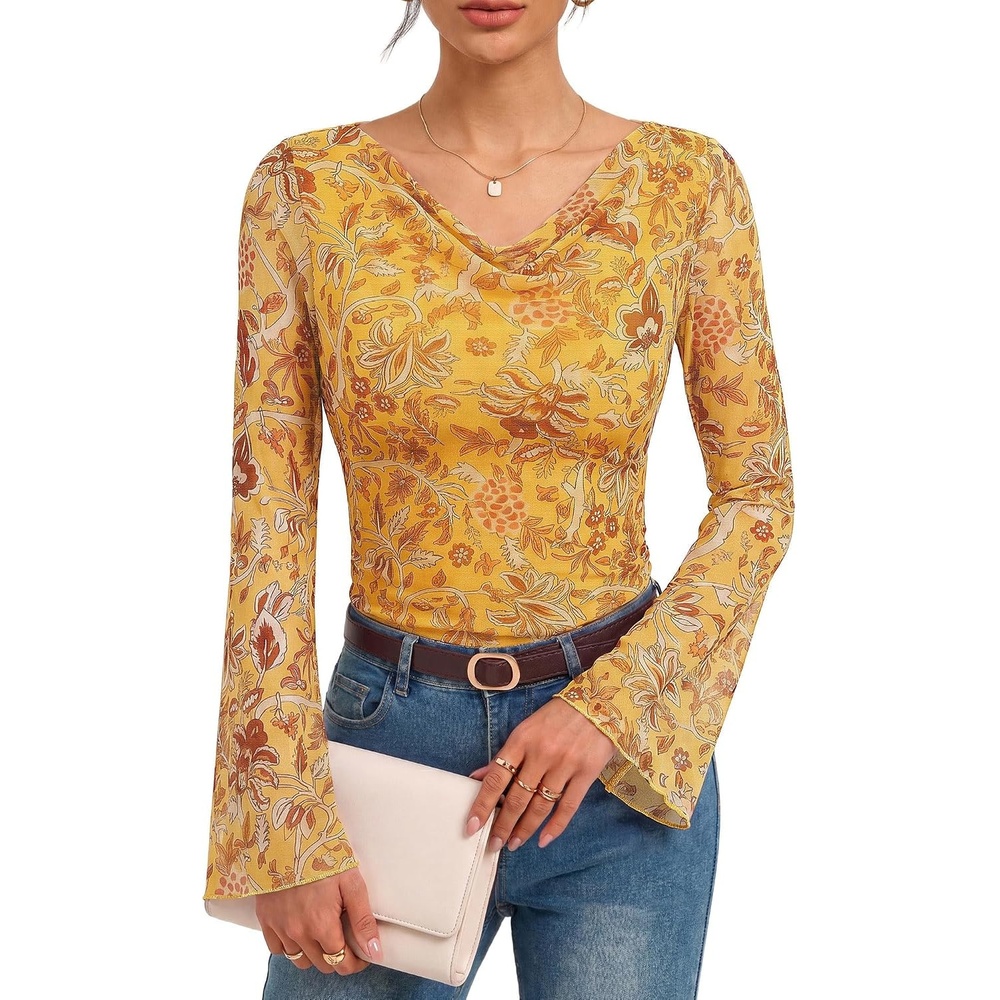 image:imageGRACE KARIN Women Boho Mesh Blouses Dressy Casual Cowl Neck Going Out TopsYellow