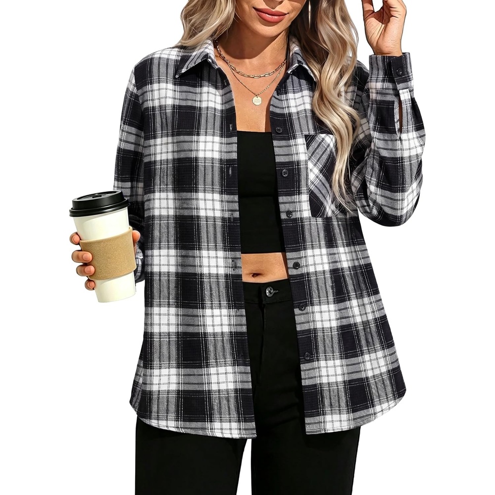 image:imageGRACE KARIN Women Waffle Plaid Knitted Button Down ShirtBlack