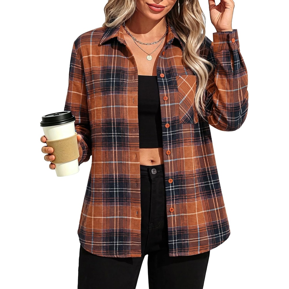 image:imageGRACE KARIN Women Waffle Plaid Knitted Button Down ShirtCoffee