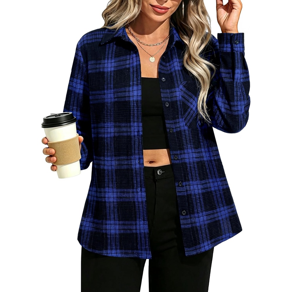 image:imageGRACE KARIN Women Waffle Plaid Knitted Button Down ShirtDark Blue