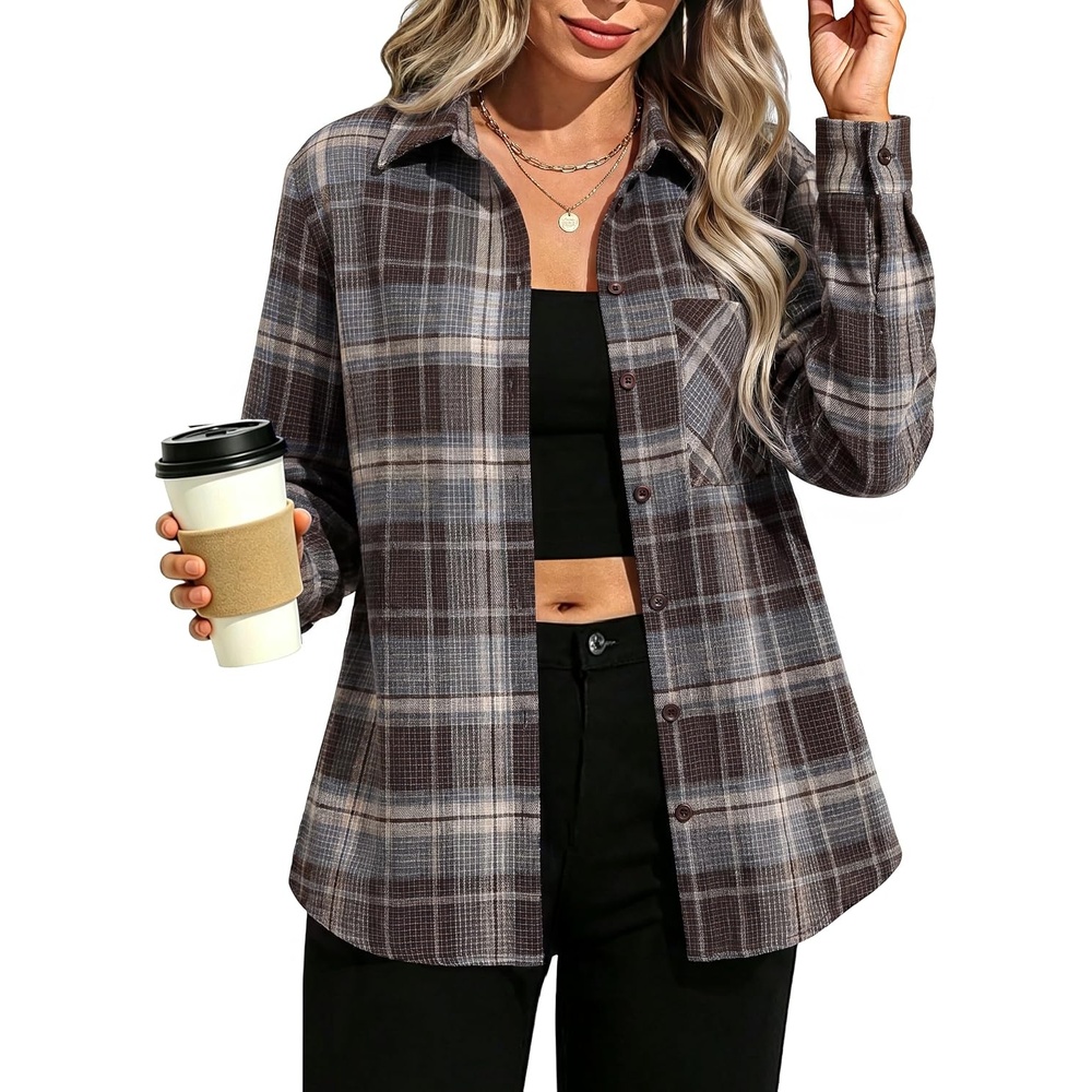 image:imageGRACE KARIN Women Waffle Plaid Knitted Button Down ShirtDark Chocolate