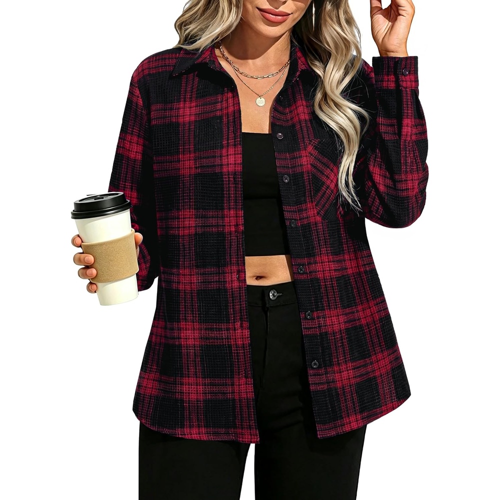 image:imageGRACE KARIN Women Waffle Plaid Knitted Button Down ShirtDark Red