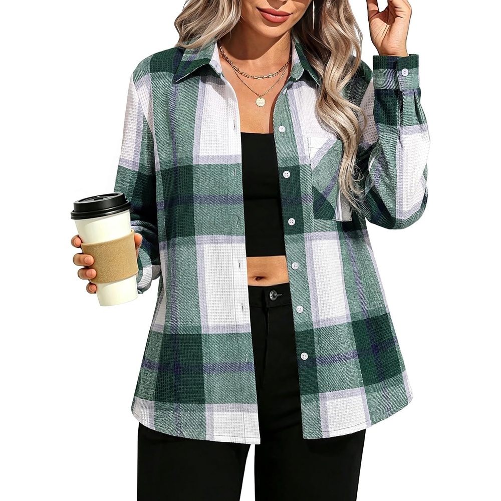 image:imageGRACE KARIN Women Waffle Plaid Knitted Button Down ShirtGreen White