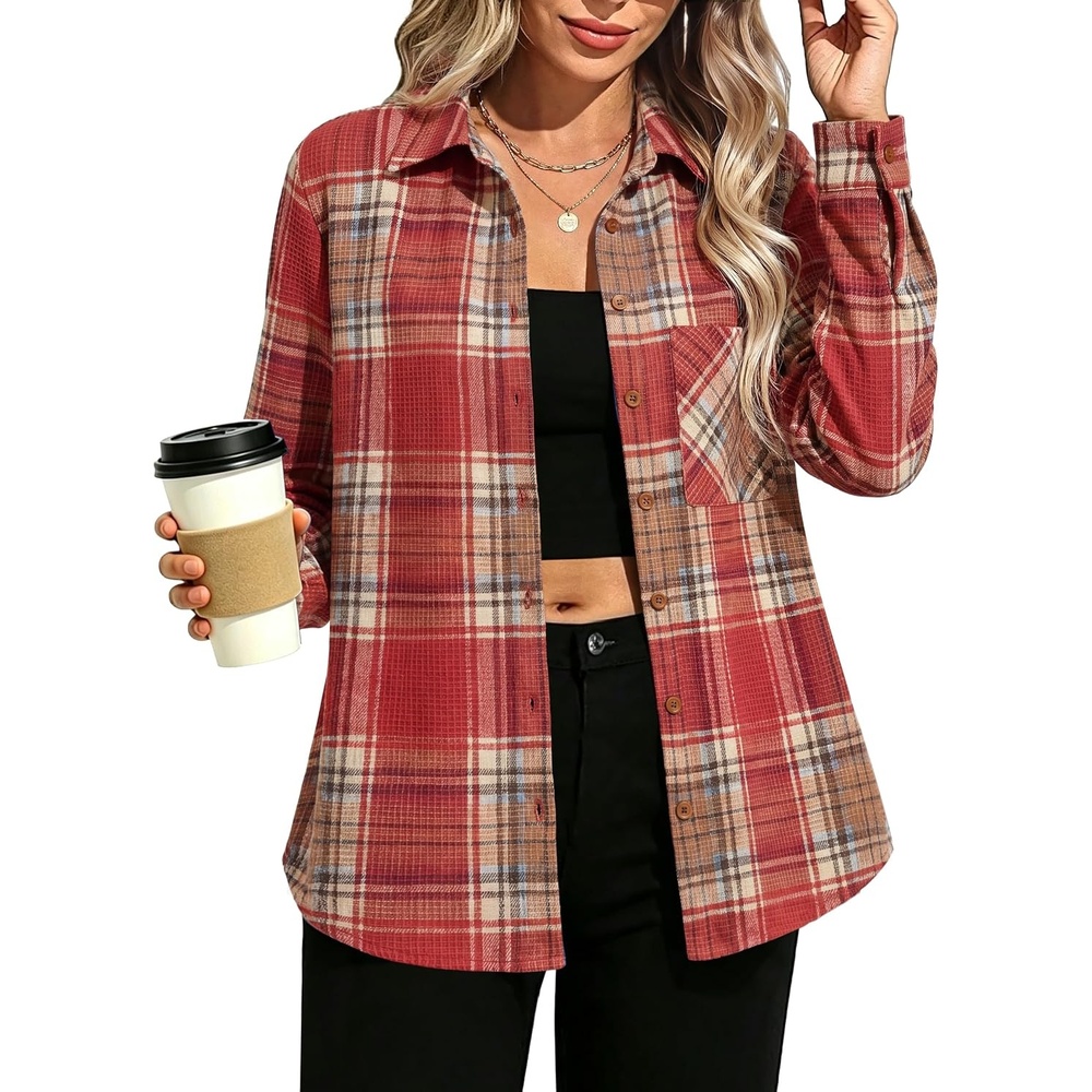 image:imageGRACE KARIN Women Waffle Plaid Knitted Button Down ShirtPumpkin Orange