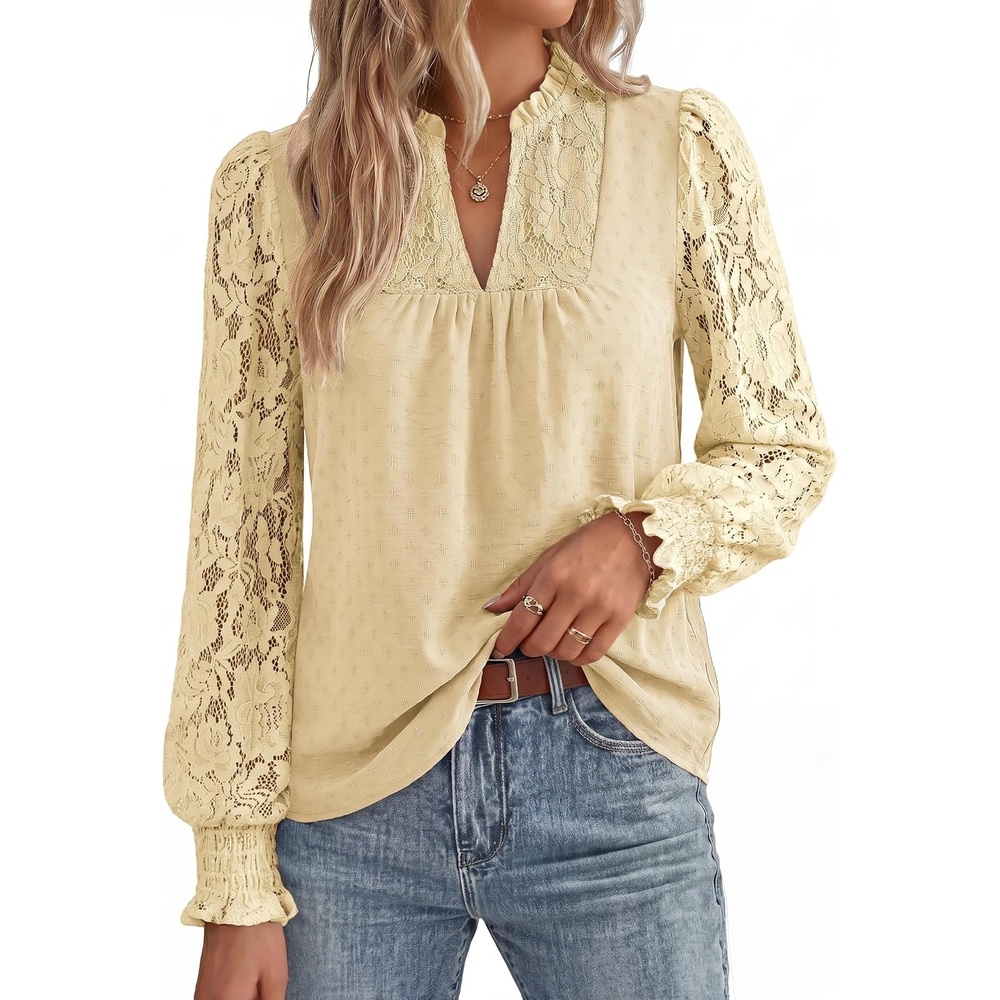 image:imageGRACE KARIN Womens Lace Long Sleeve Tops Fall 2026 Dressy Casual Western Blouses Flowy V Neck Dress Shirts Trendy ClothingBeige