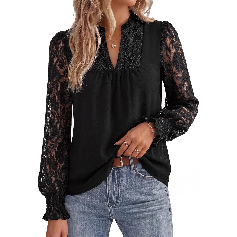 image:imageGRACE KARIN Womens Lace Long Sleeve Tops Fall 2026 Dressy Casual Western Blouses Flowy V Neck Dress Shirts Trendy ClothingBlack