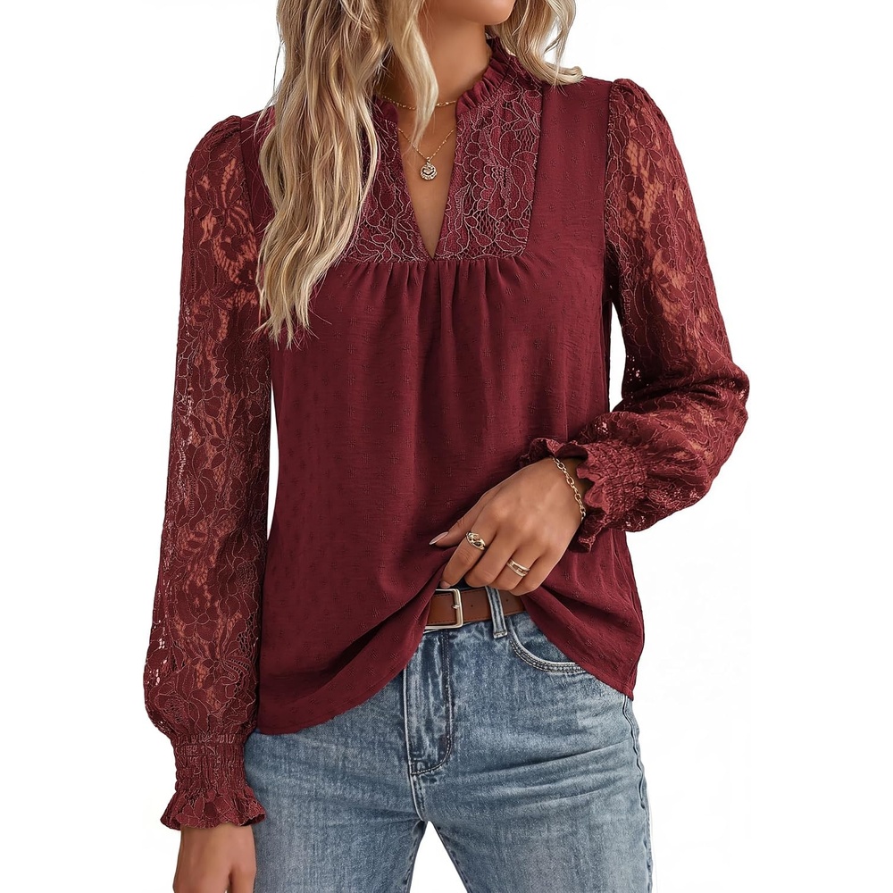 image:imageGRACE KARIN Womens Lace Long Sleeve Tops Fall 2026 Dressy Casual Western Blouses Flowy V Neck Dress Shirts Trendy ClothingBurgundy