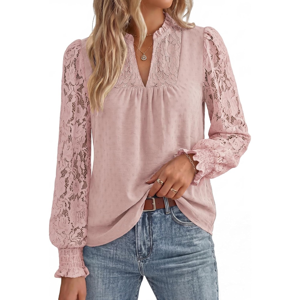 image:imageGRACE KARIN Womens Lace Long Sleeve Tops Fall 2026 Dressy Casual Western Blouses Flowy V Neck Dress Shirts Trendy ClothingDusty Pink