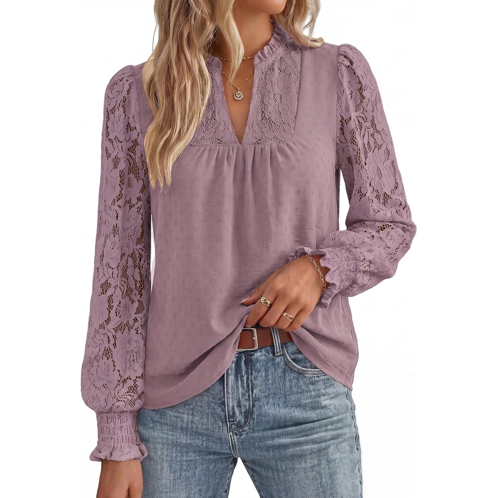 image:imageGRACE KARIN Womens Lace Long Sleeve Tops Fall 2026 Dressy Casual Western Blouses Flowy V Neck Dress Shirts Trendy ClothingDusty Purple