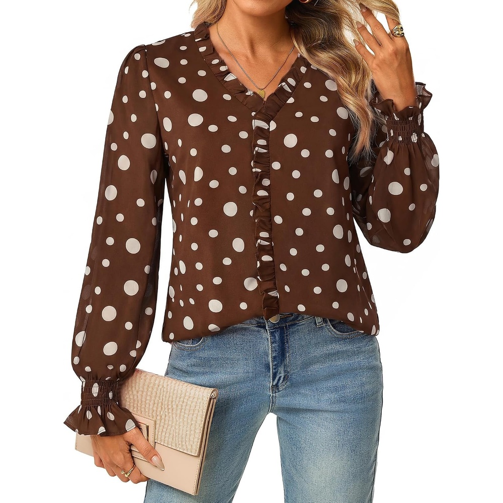 image:imageGRACE KARIN Womens Long Sleeve Boho Tops Ruffle Work Blouses Chiffon ShirtsCoffee