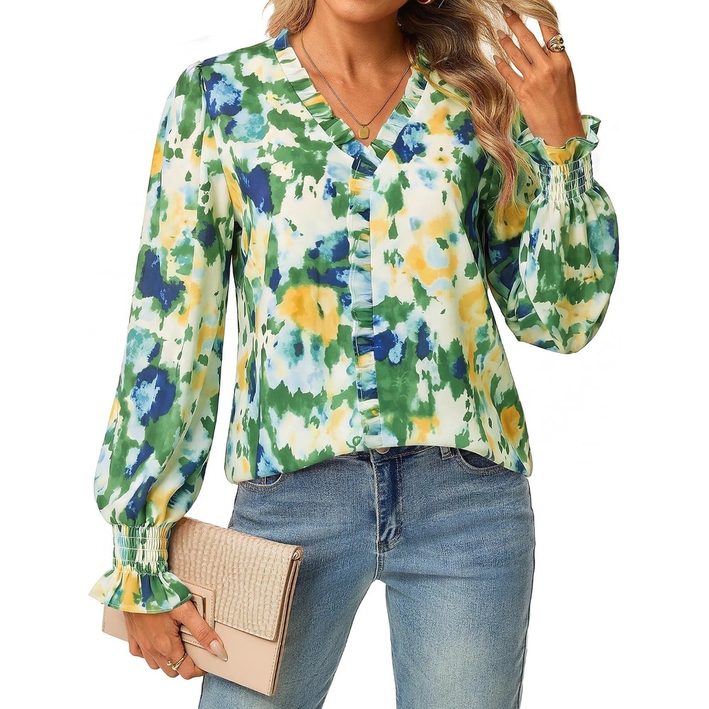 image:imageGRACE KARIN Womens Long Sleeve Boho Tops Ruffle Work Blouses Chiffon ShirtsMulti Green