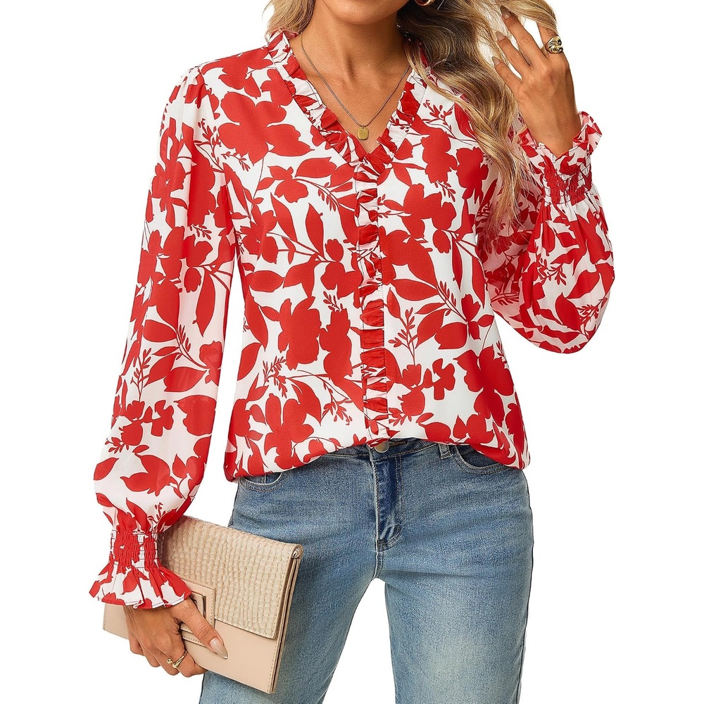 image:imageGRACE KARIN Womens Long Sleeve Boho Tops Ruffle Work Blouses Chiffon ShirtsRed