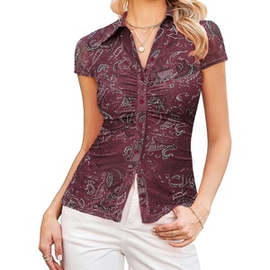 GRACE KARIN 2026 Women Mesh Boho Tops Dressy Casual Floral Work Blouses(Burgundy)