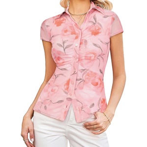 GRACE KARIN 2026 Women Mesh Boho Tops Dressy Casual Floral Work Blouses(Pink)
