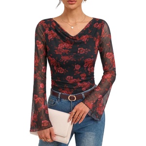 GRACE KARIN Women Boho Mesh Blouses Dressy Casual Cowl Neck Going Out Tops(Black Red)