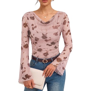 GRACE KARIN Women Boho Mesh Blouses Dressy Casual Cowl Neck Going Out Tops(Pink)