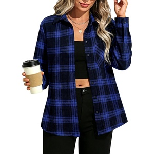 GRACE KARIN Women Waffle Plaid Knitted Button Down Shirt(Dark Blue)