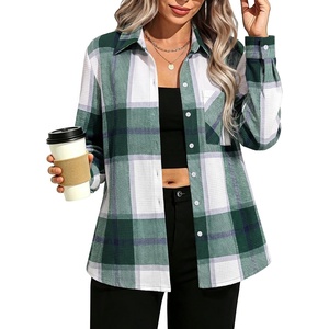 GRACE KARIN Women Waffle Plaid Knitted Button Down Shirt(Green White)