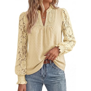 GRACE KARIN Womens Lace Long Sleeve Tops Fall 2026 Dressy Casual Western Blouses Flowy V Neck Dress Shirts Trendy Clothing(Beige)