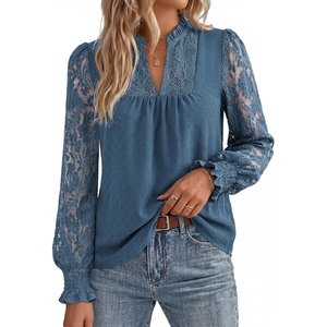 GRACE KARIN Womens Lace Long Sleeve Tops Fall 2026 Dressy Casual Western Blouses Flowy V Neck Dress Shirts Trendy Clothing(Blue)