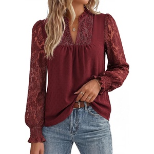 GRACE KARIN Womens Lace Long Sleeve Tops Fall 2026 Dressy Casual Western Blouses Flowy V Neck Dress Shirts Trendy Clothing(Burgundy)