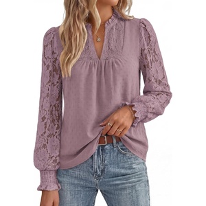 GRACE KARIN Womens Lace Long Sleeve Tops Fall 2026 Dressy Casual Western Blouses Flowy V Neck Dress Shirts Trendy Clothing(Dusty Purple)