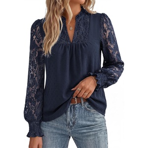 GRACE KARIN Womens Lace Long Sleeve Tops Fall 2026 Dressy Casual Western Blouses Flowy V Neck Dress Shirts Trendy Clothing(Navy Blue)