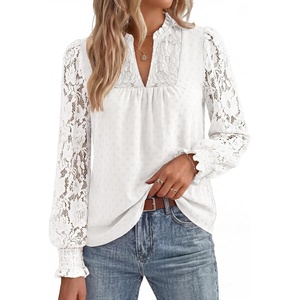 GRACE KARIN Womens Lace Long Sleeve Tops Fall 2026 Dressy Casual Western Blouses Flowy V Neck Dress Shirts Trendy Clothing(White)