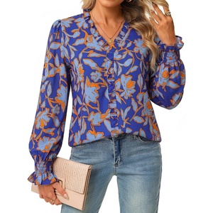 GRACE KARIN Womens Long Sleeve Boho Tops Ruffle Work Blouses Chiffon Shirts(Blue Orange)