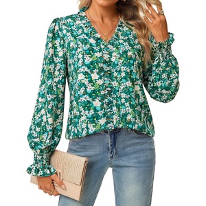 GRACE KARIN Womens Long Sleeve Boho Tops Ruffle Work Blouses Chiffon Shirts(Green)