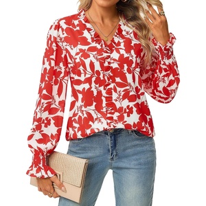 GRACE KARIN Womens Long Sleeve Boho Tops Ruffle Work Blouses Chiffon Shirts(Red)